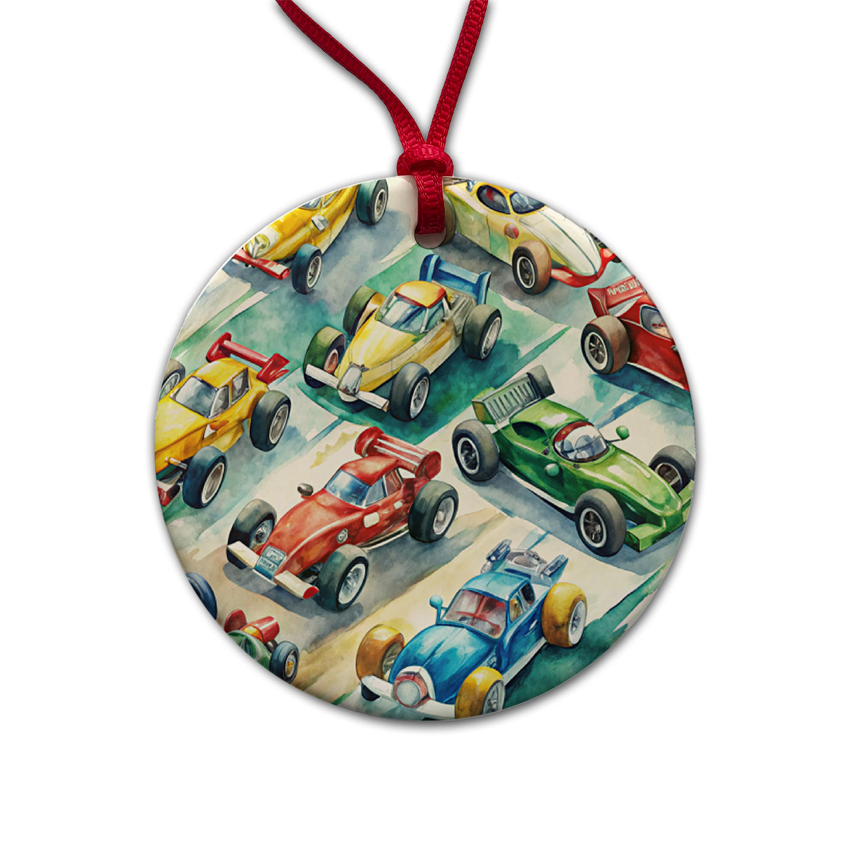 Race Cars Watercolor Round Ceramic Holiday Christmas Tree Ornament