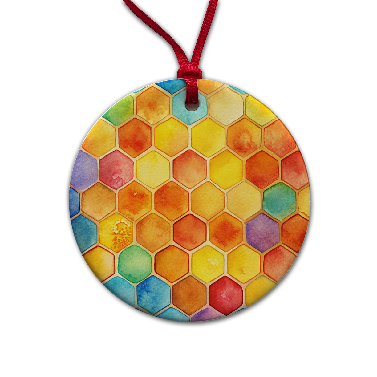 Rainbow Honeycomb Background Watercolor Round Ceramic Holiday Christmas Tree Ornament