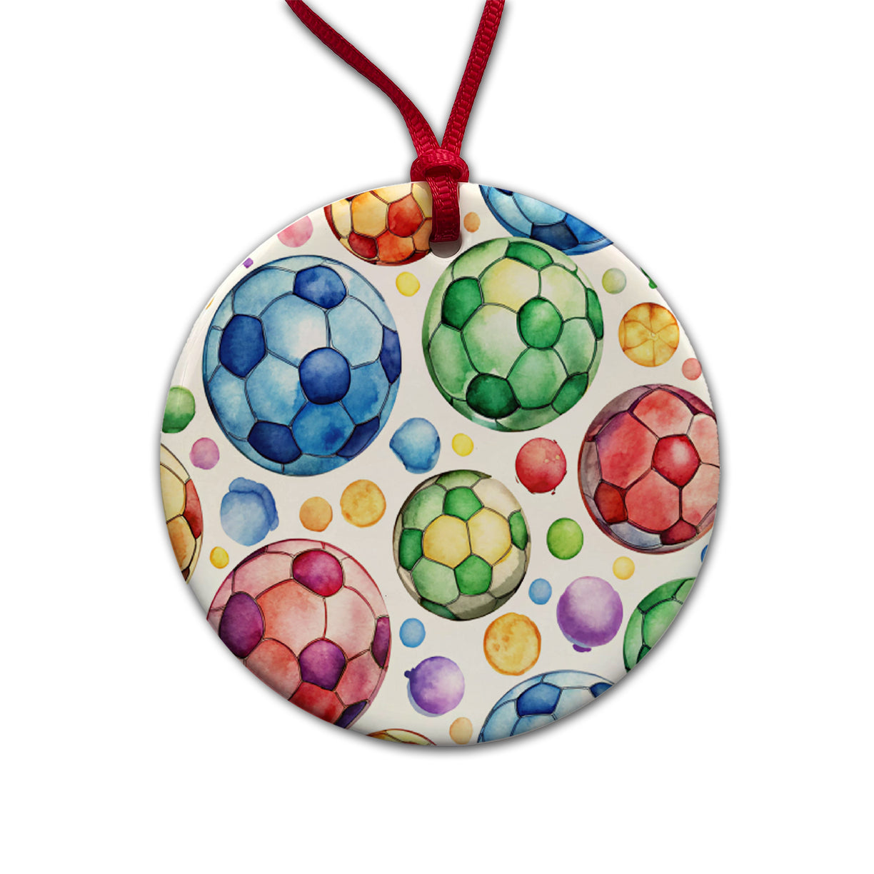 Rainbow Soccer Balls Watercolor Football Round Ceramic Holiday Christmas Tree Ornament