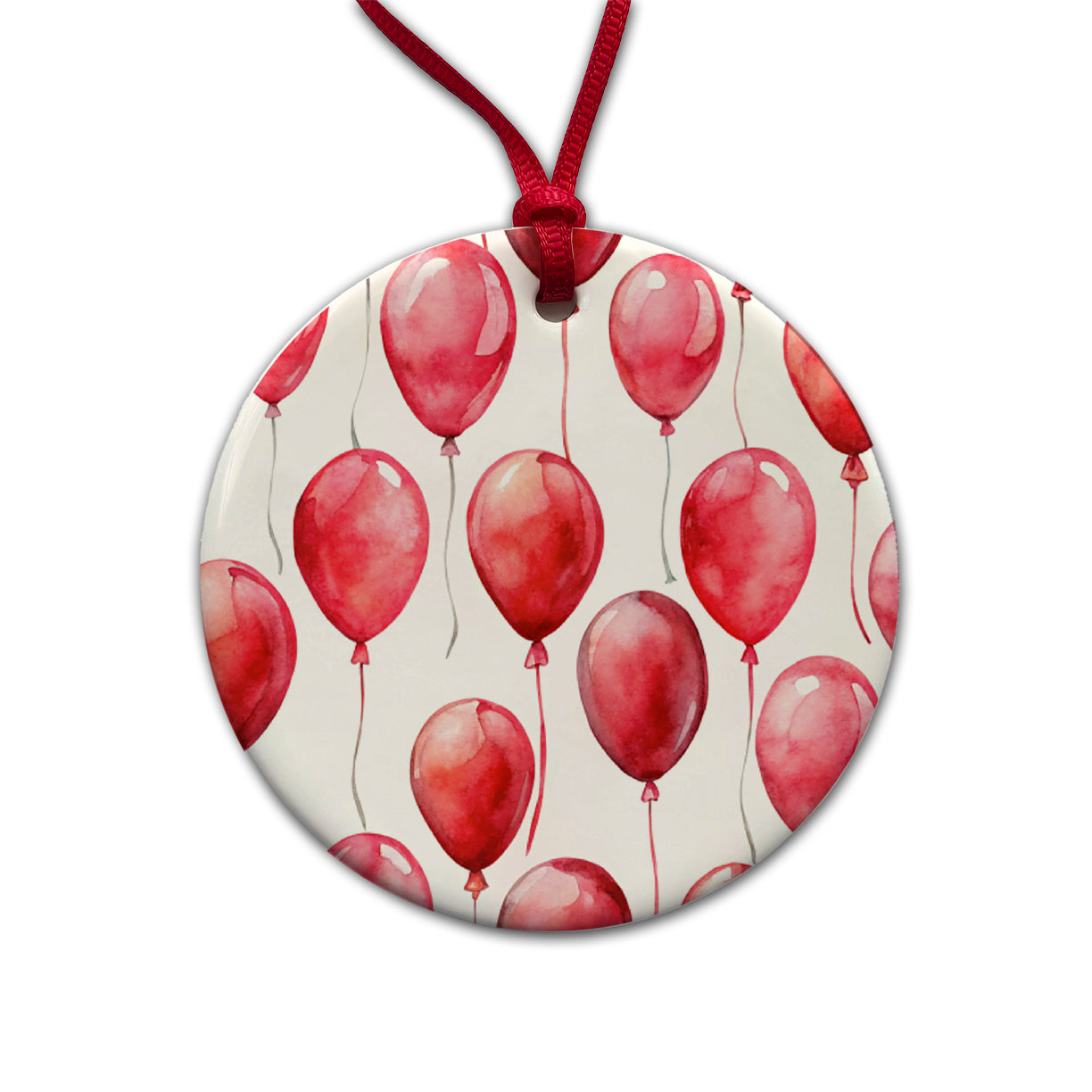 Red Balloons Watercolor Birthday Round Ceramic Holiday Christmas Tree Ornament
