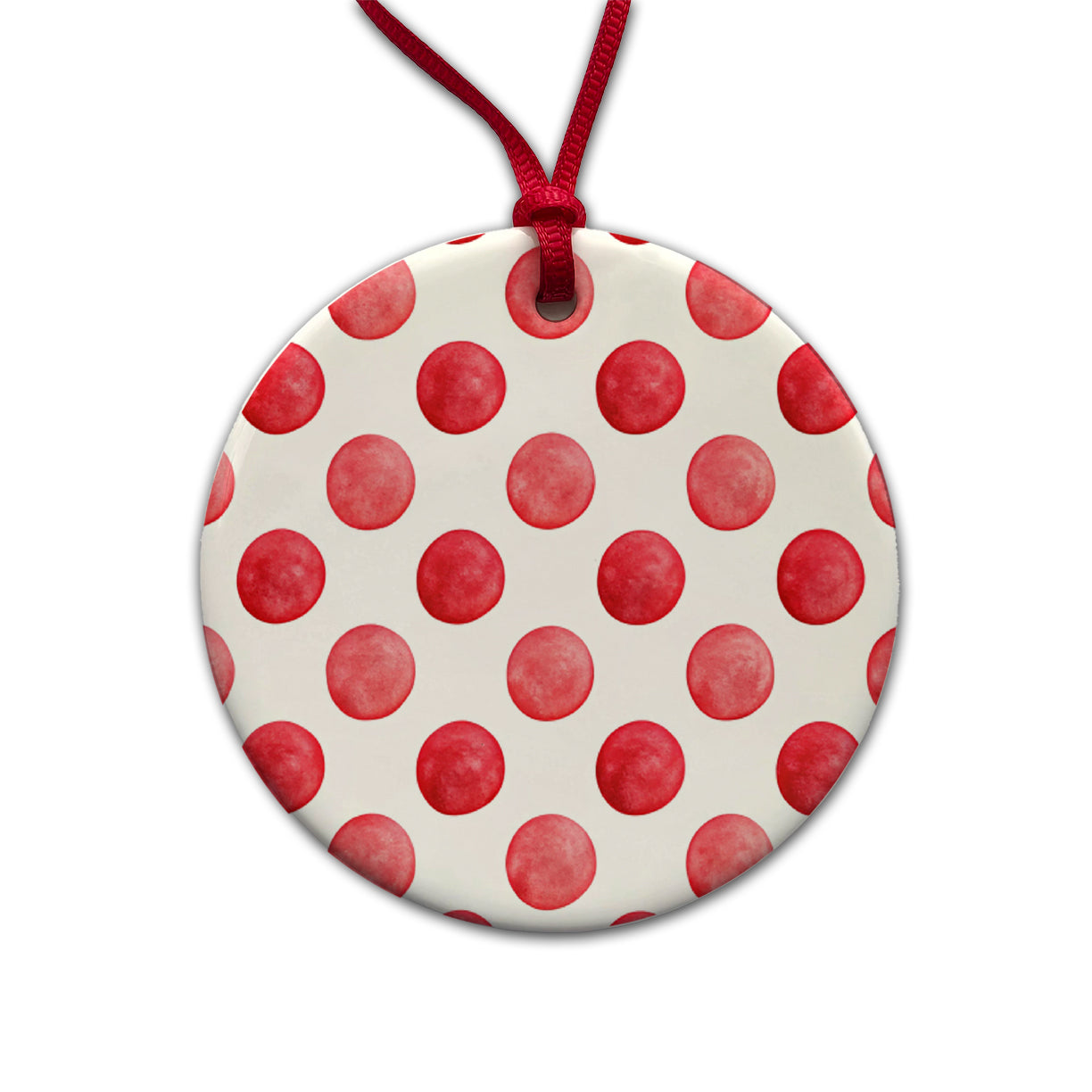 Red Polka Dots White Background Round Ceramic Holiday Christmas Tree Ornament