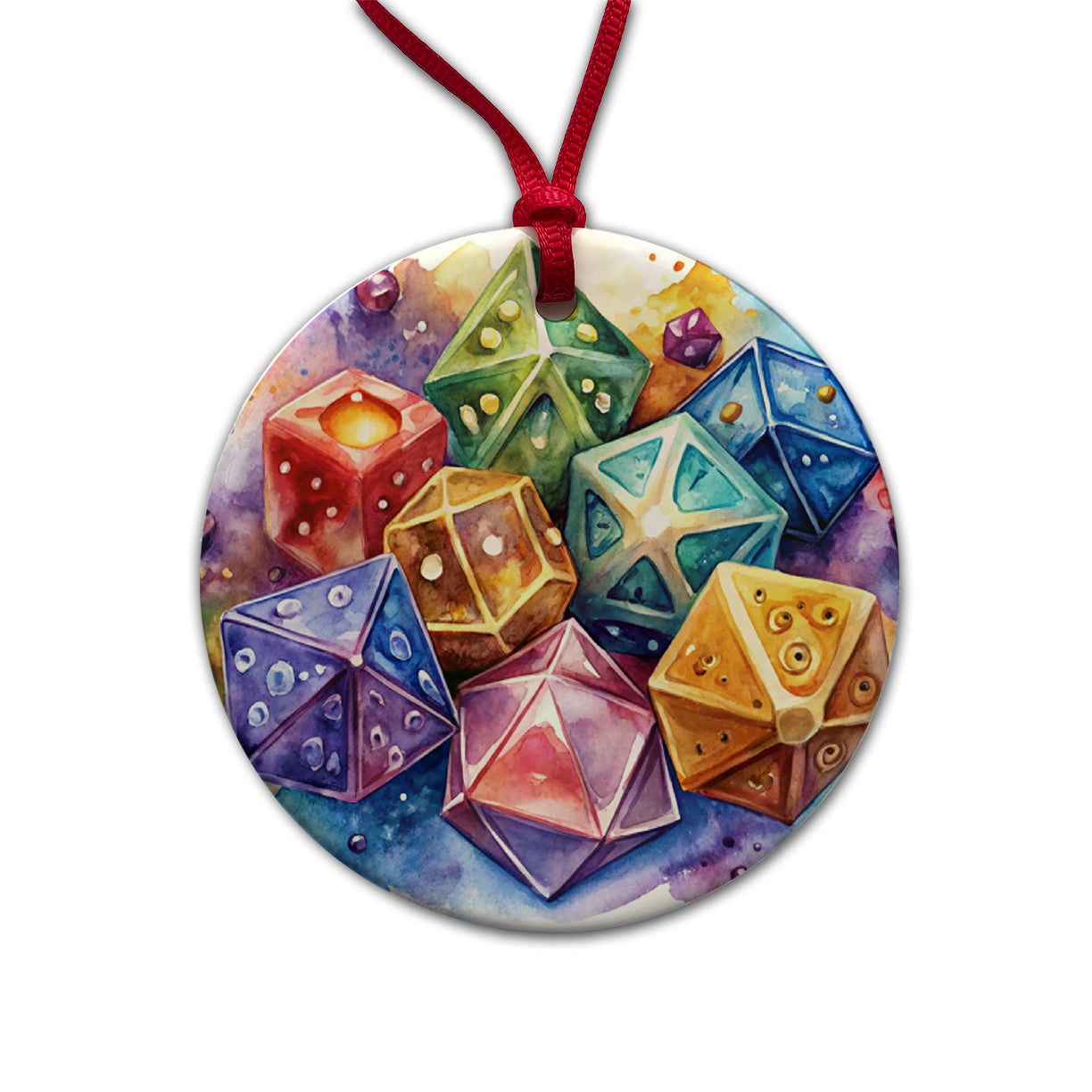Role Playing Game Dice Watercolor Design Round Ceramic Holiday Christmas Tree Ornament