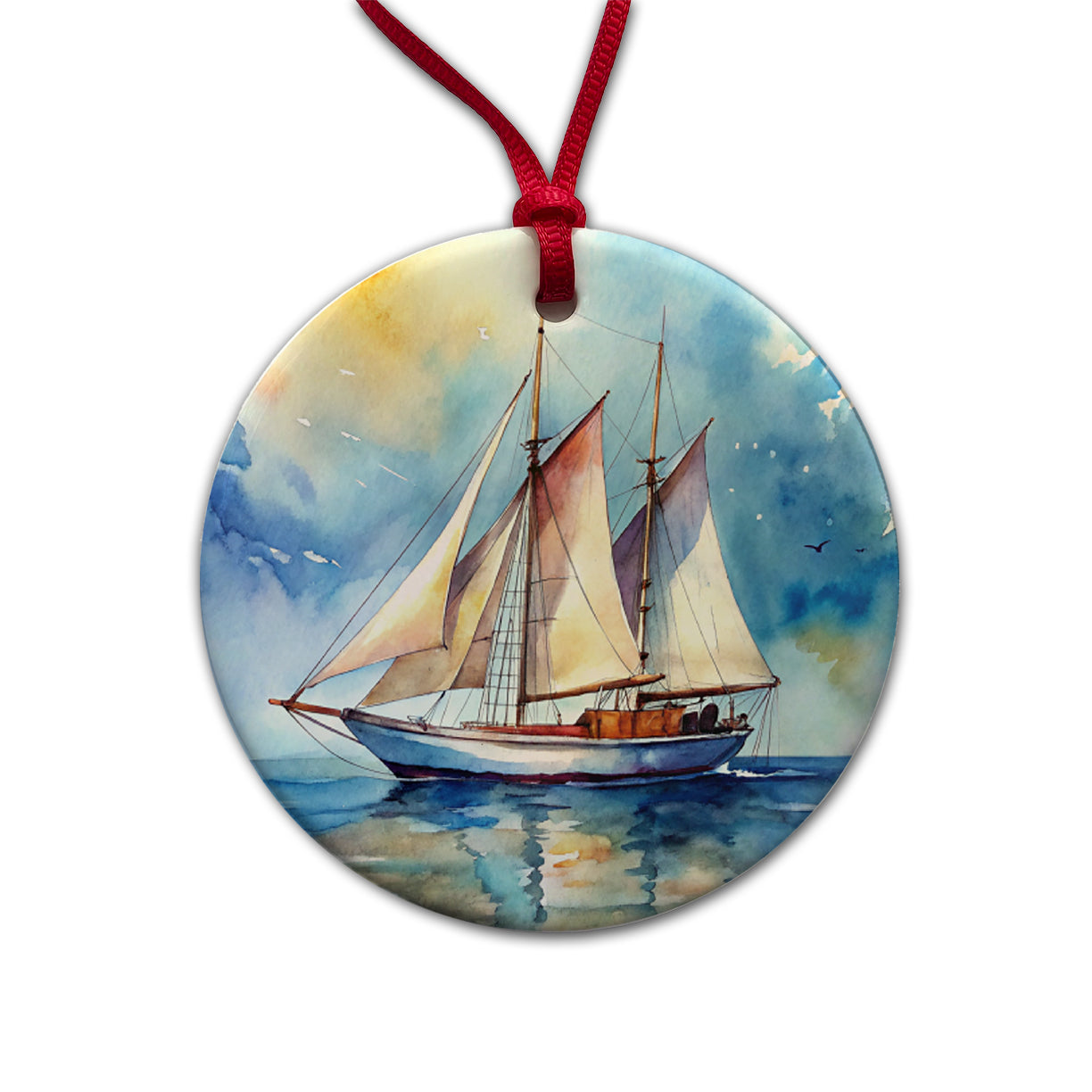 Sailboat At Sea Watercolor Design Round Ceramic Holiday Christmas Tree Ornament