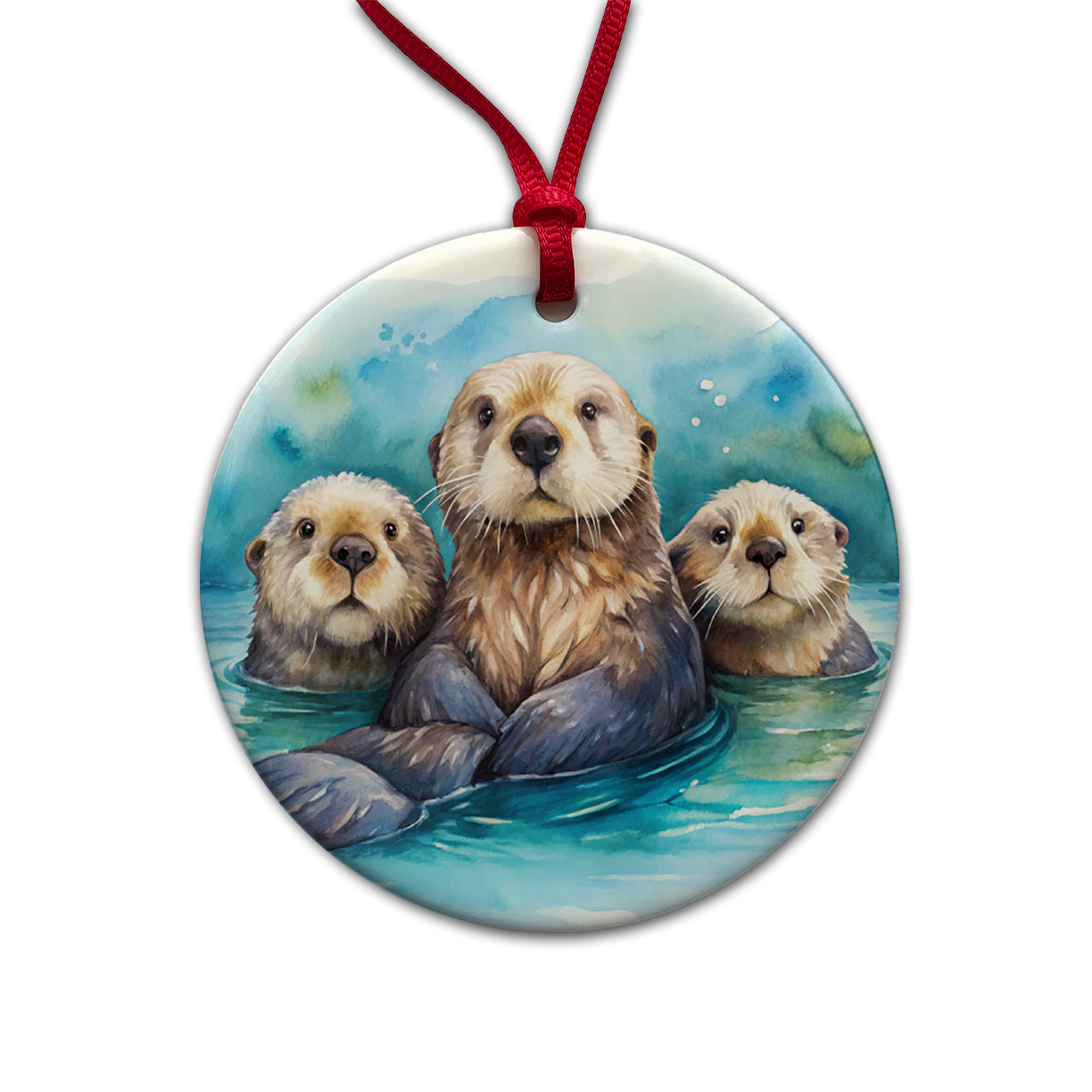 Sea Otters Watercolor Design Round Ceramic Holiday Christmas Tree Ornament