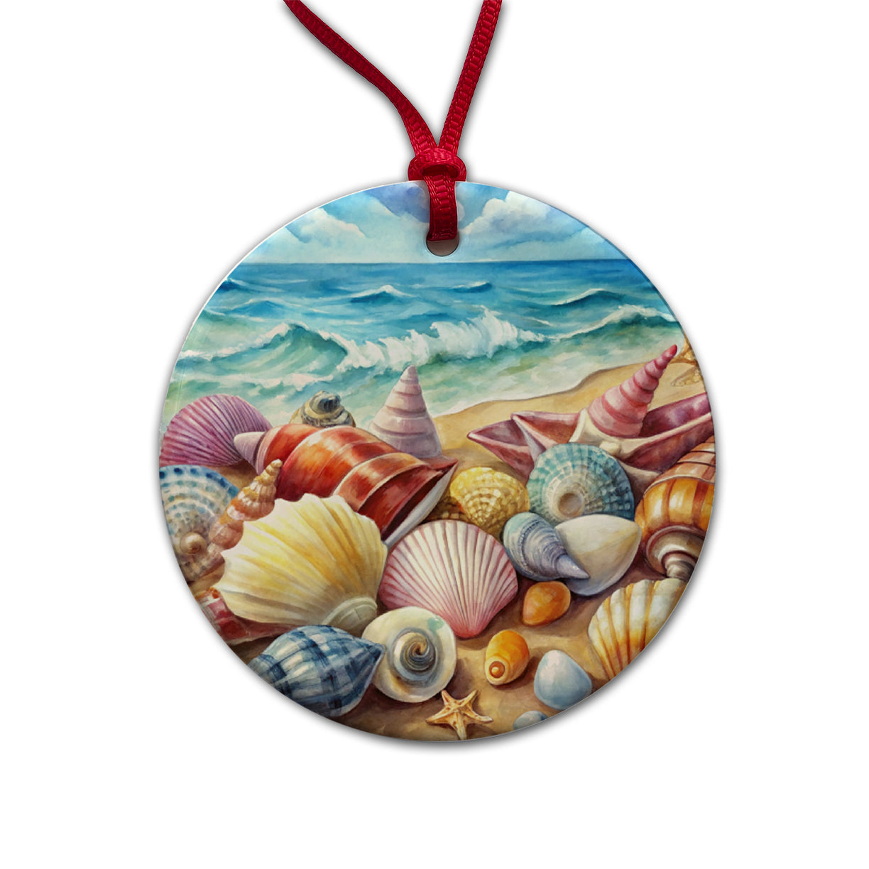 Shells Beach Watercolor Design Round Ceramic Holiday Christmas Tree Ornament