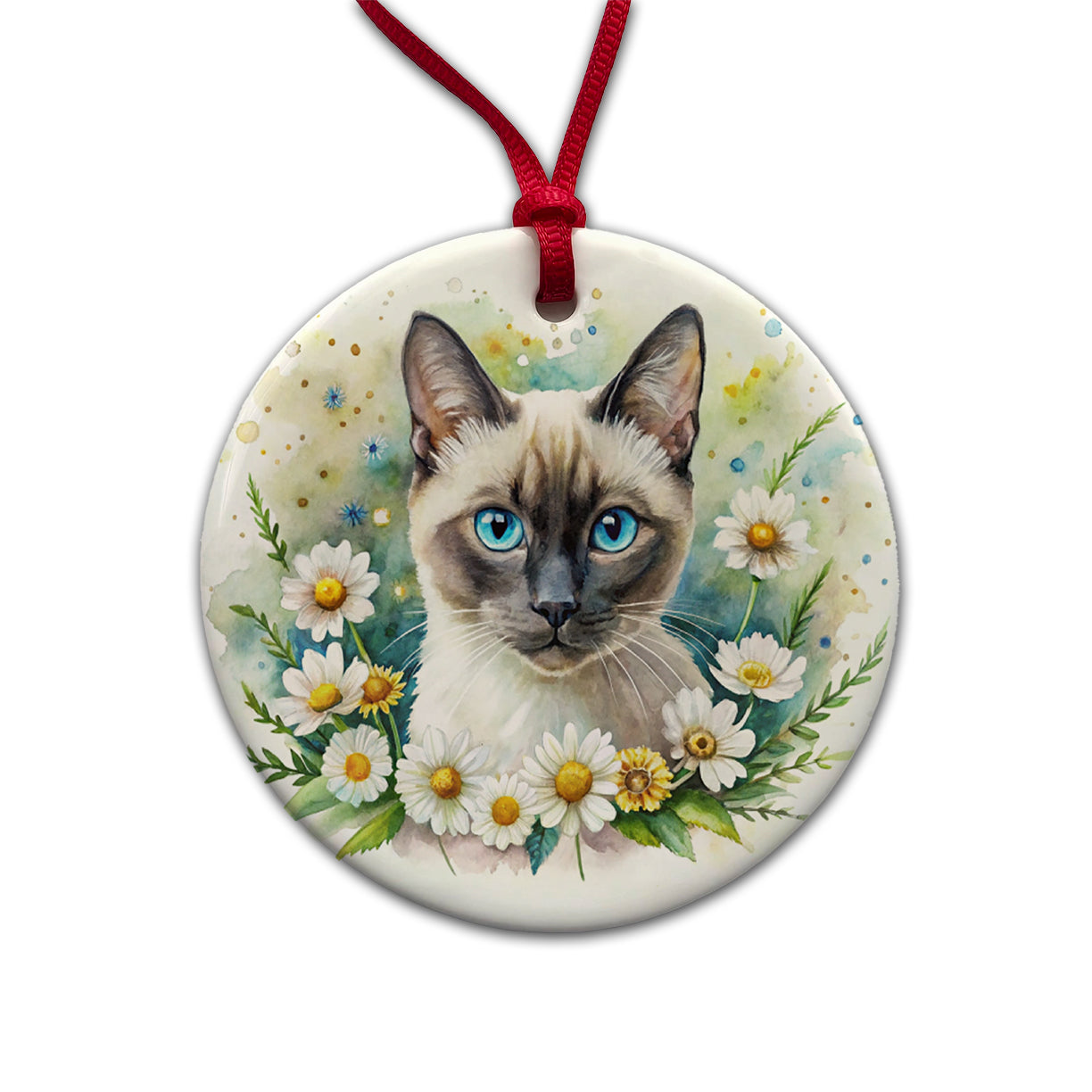 Siamese Cat Watercolor Design With Daisies Round Ceramic Holiday Christmas Tree Ornament