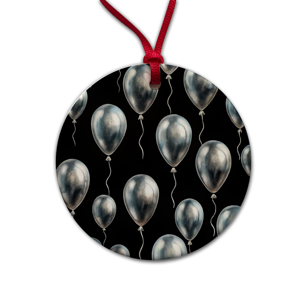 Silver Balloons Black Background Birthday Anniversary Round Ceramic Holiday Christmas Tree Ornament