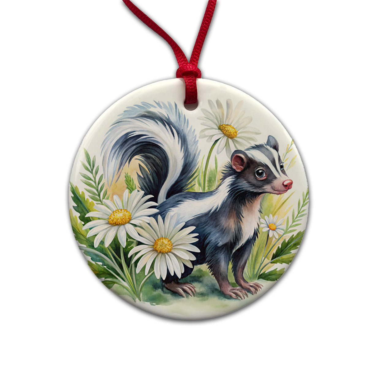 Skunk Watercolor Design With Daisies Round Ceramic Holiday Christmas Tree Ornament