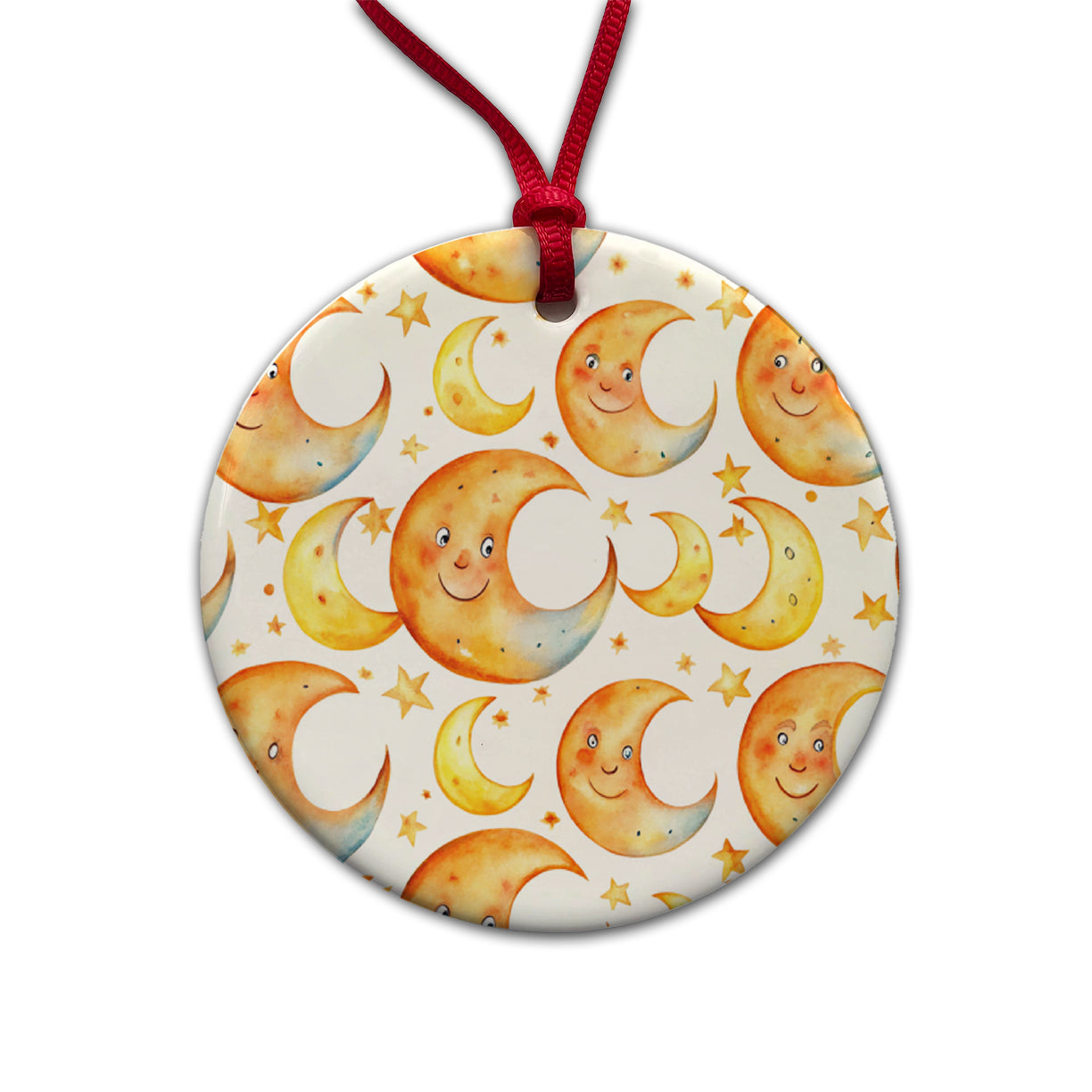 Smiling Crescent Moons Watercolor Round Ceramic Holiday Christmas Tree Ornament