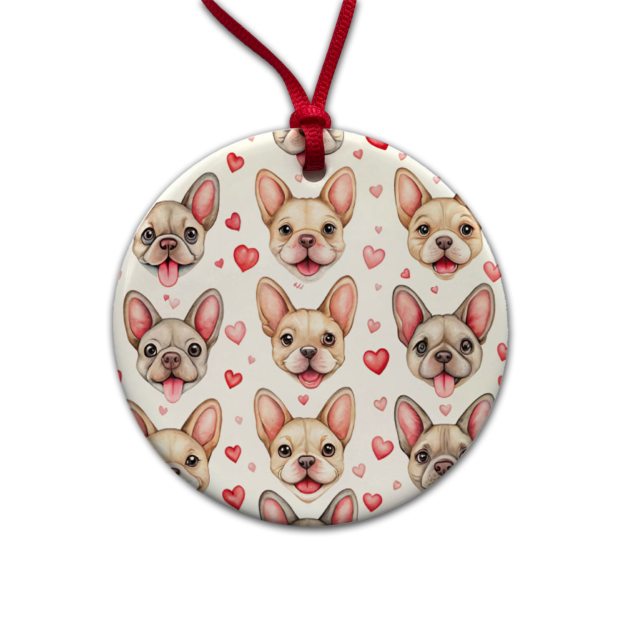 Smiling Cute French Bulldog Dog Faces Hearts Round Ceramic Holiday Christmas Tree Ornament