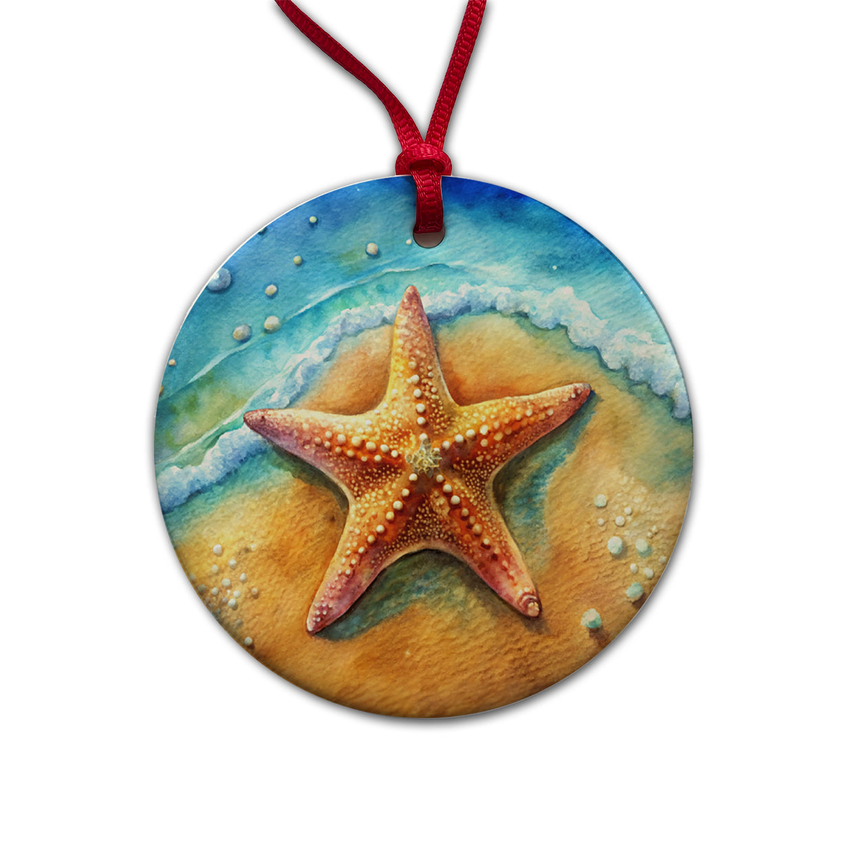Starfish Sand Watercolor Design Round Ceramic Holiday Christmas Tree Ornament