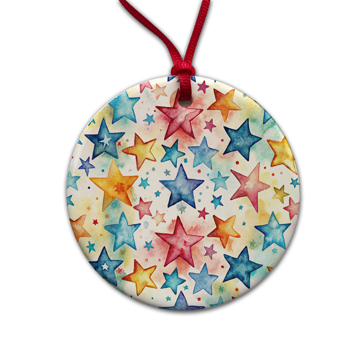 Stars Colorful Watercolor Round Ceramic Holiday Christmas Tree Ornament