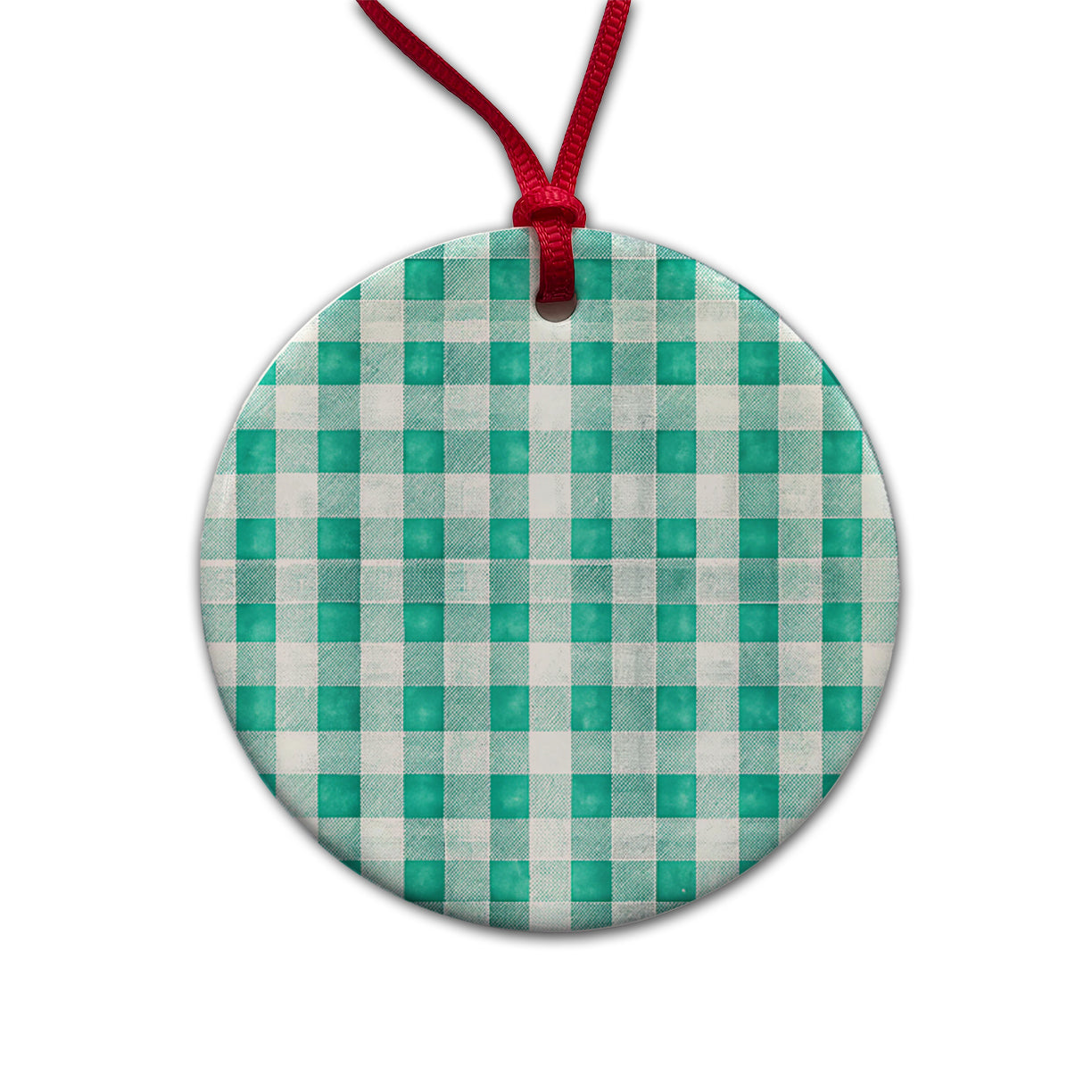Teal White Gingham Watercolor Round Ceramic Holiday Christmas Tree Ornament