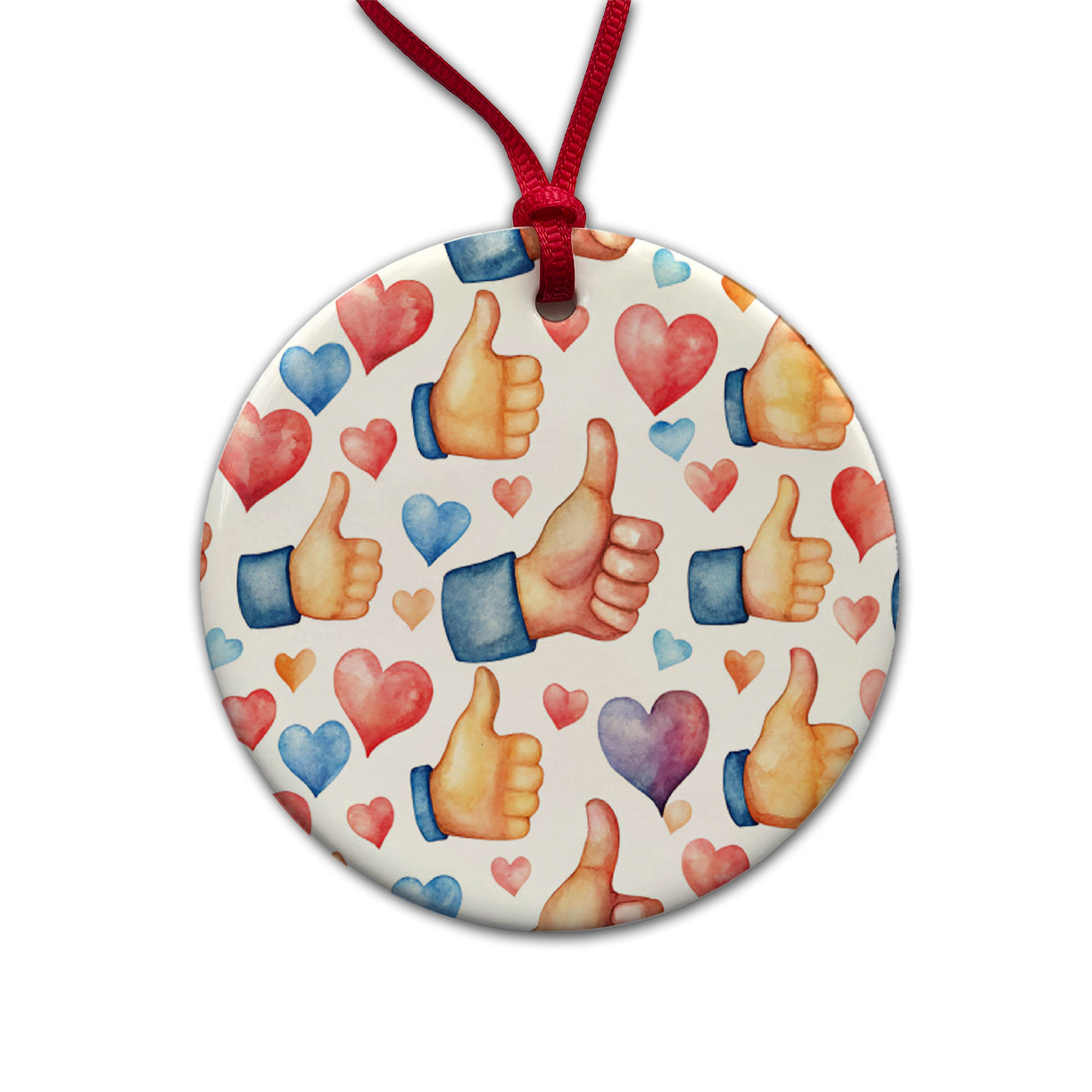 Thumbs Up Hearts Watercolor Round Ceramic Holiday Christmas Tree Ornament