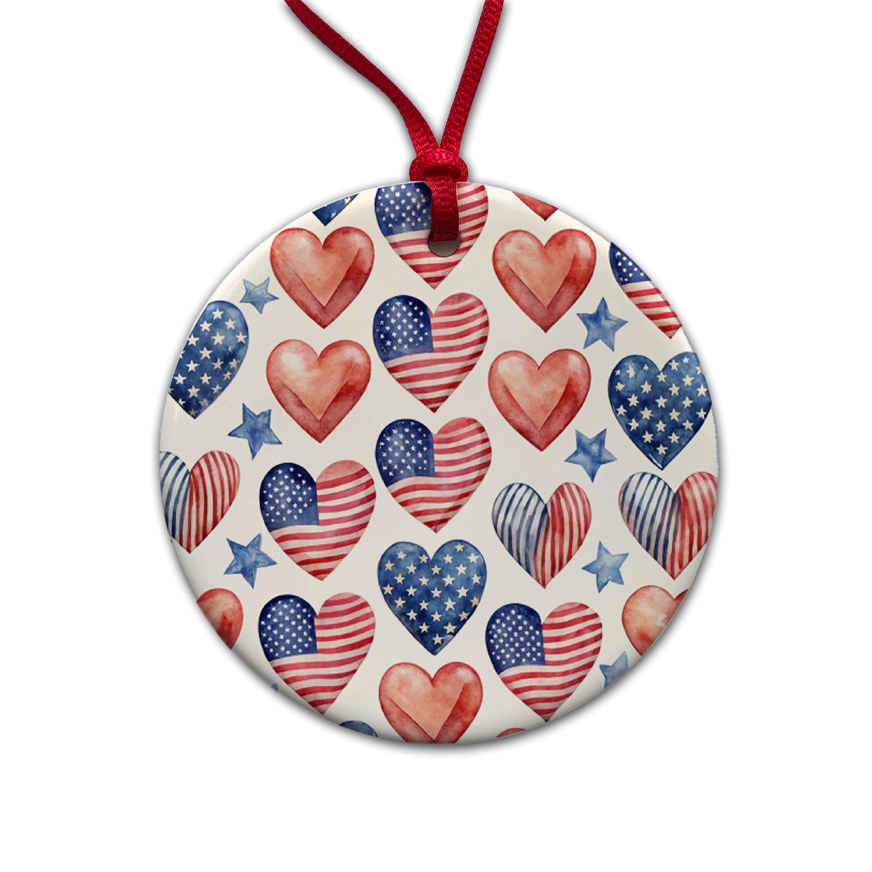 USA American Flags Hearts 4th of July Patriotic Watercolor Round Ceramic Holiday Christmas Tree Ornament