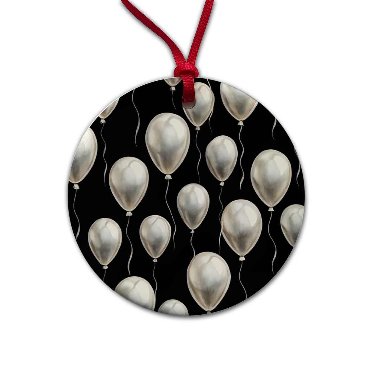 White Balloons Black Background Birthday Round Ceramic Holiday Christmas Tree Ornament