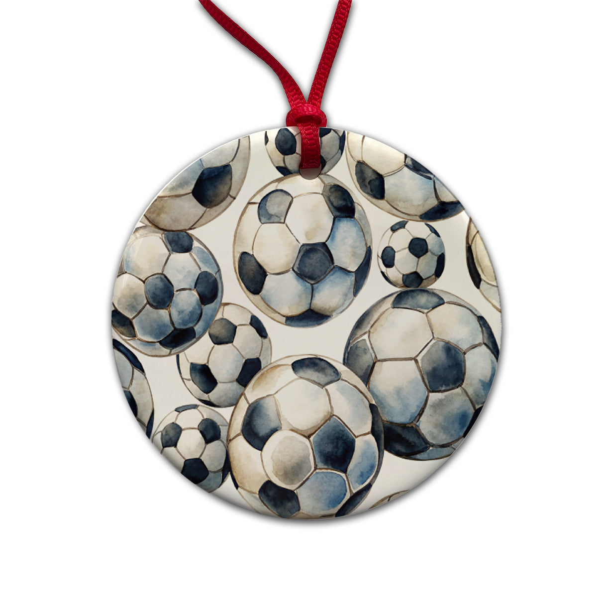 White Black Soccer Balls Watercolor Round Ceramic Holiday Christmas Tree Ornament