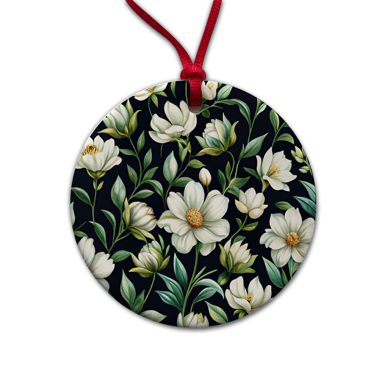 White Flowers Black Background Round Ceramic Holiday Christmas Tree Ornament