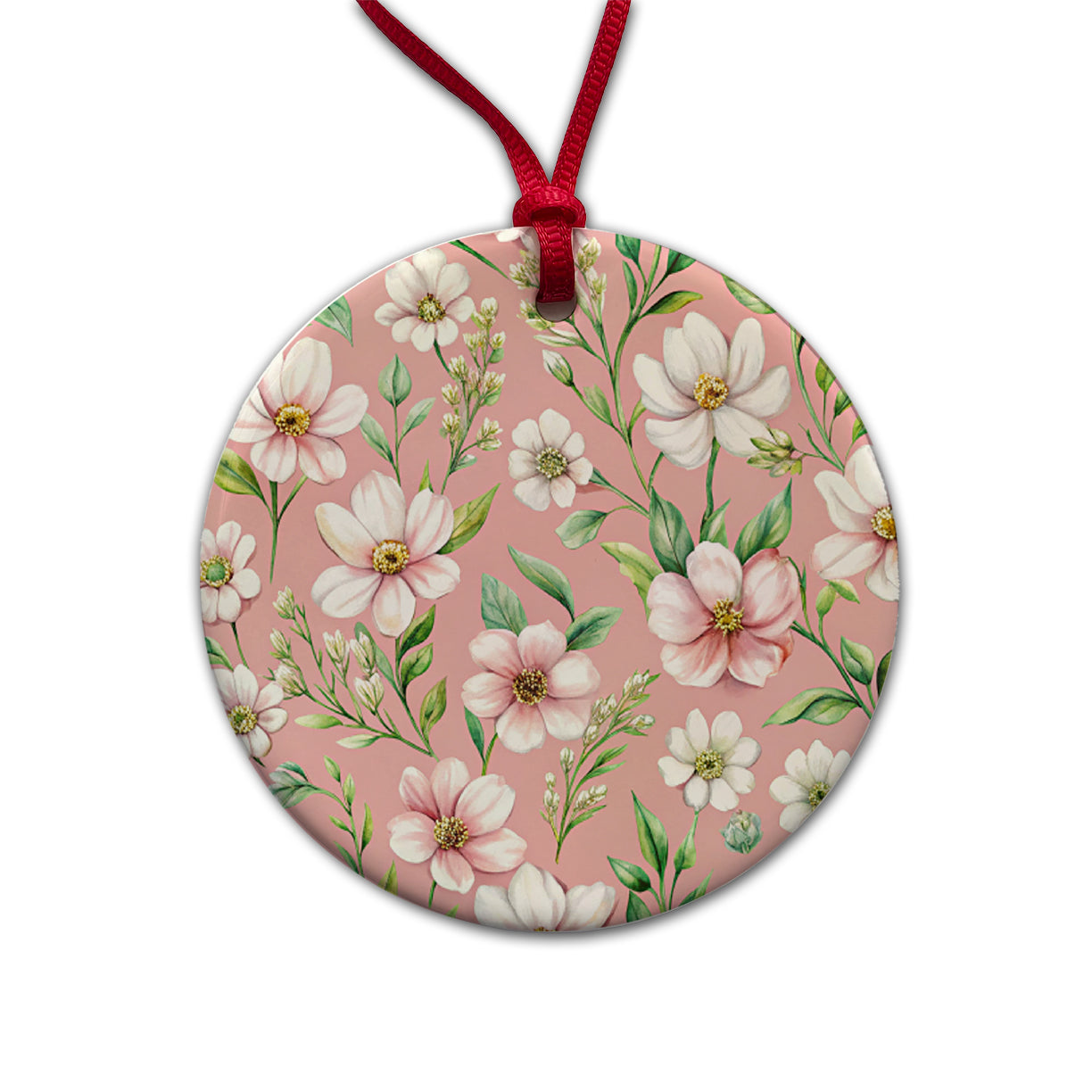 White Flowers Pink Background Round Ceramic Holiday Christmas Tree Ornament