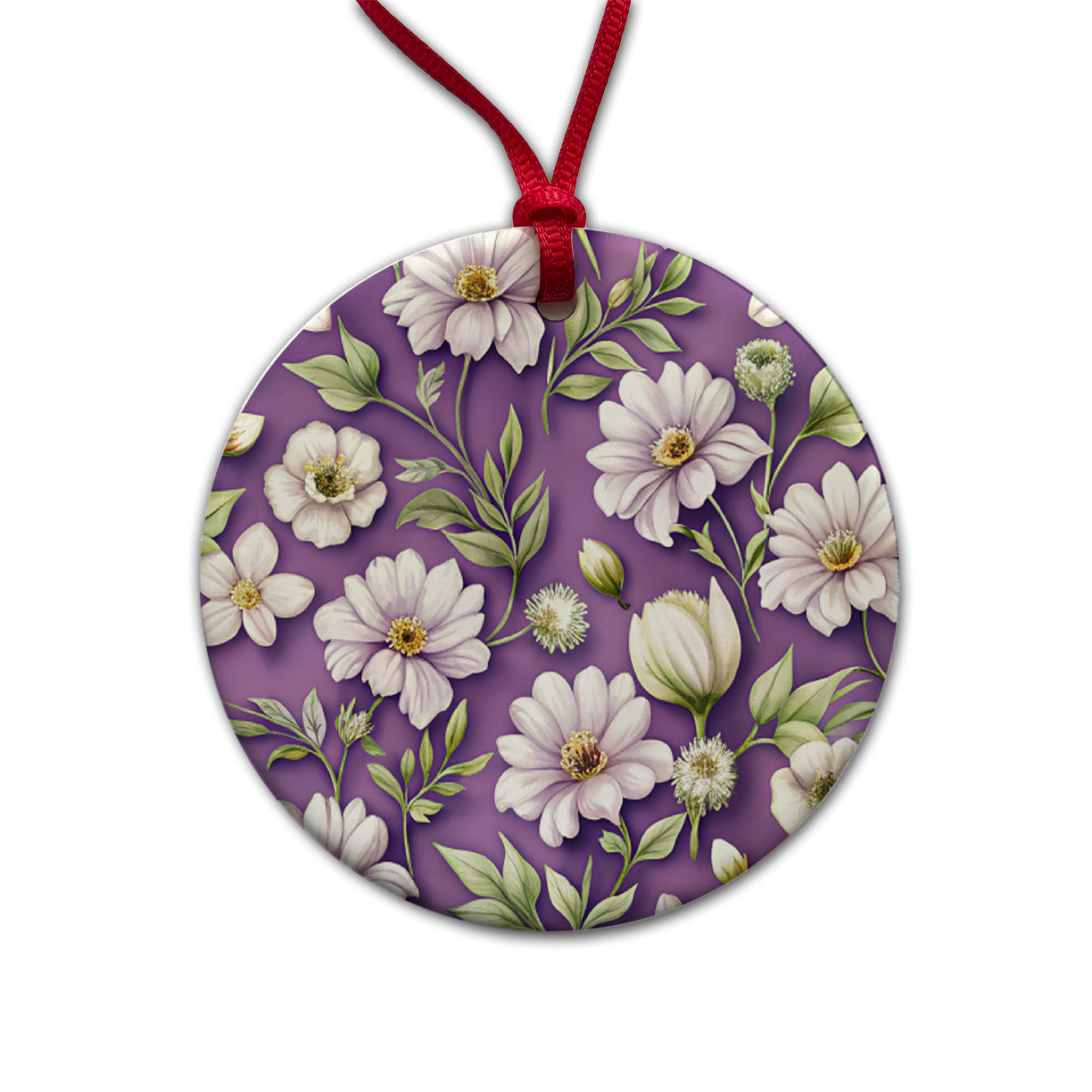 White Flowers Purple Background Round Ceramic Holiday Christmas Tree Ornament