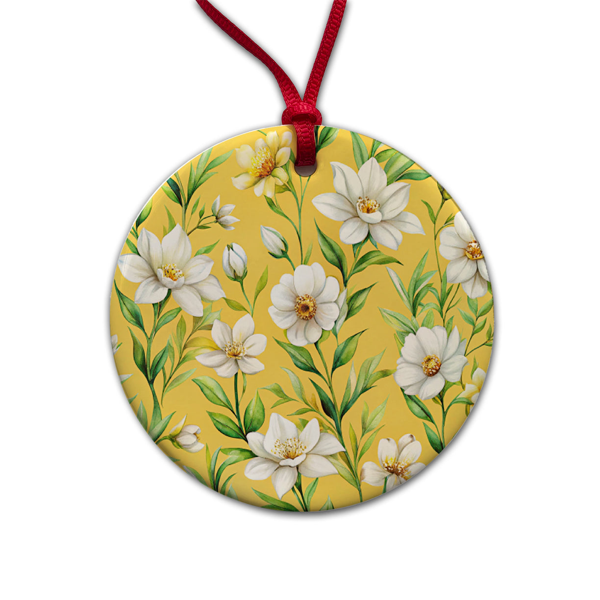 White Flowers Yellow Background Round Ceramic Holiday Christmas Tree Ornament