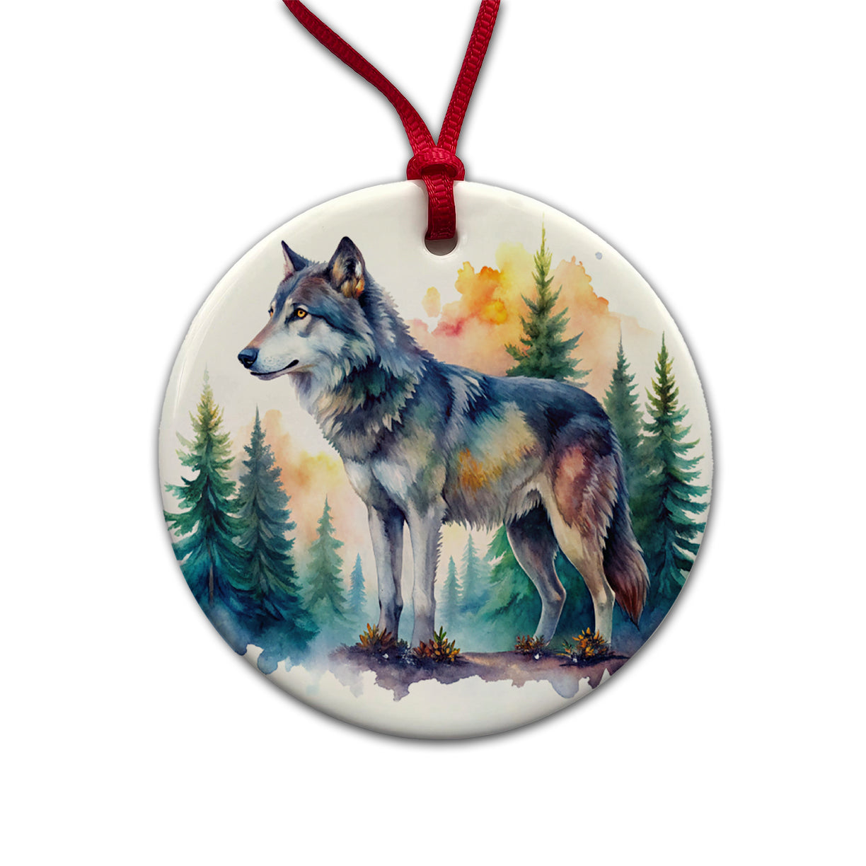 Wolf In Forest Watercolor Design Round Ceramic Holiday Christmas Tree Ornament