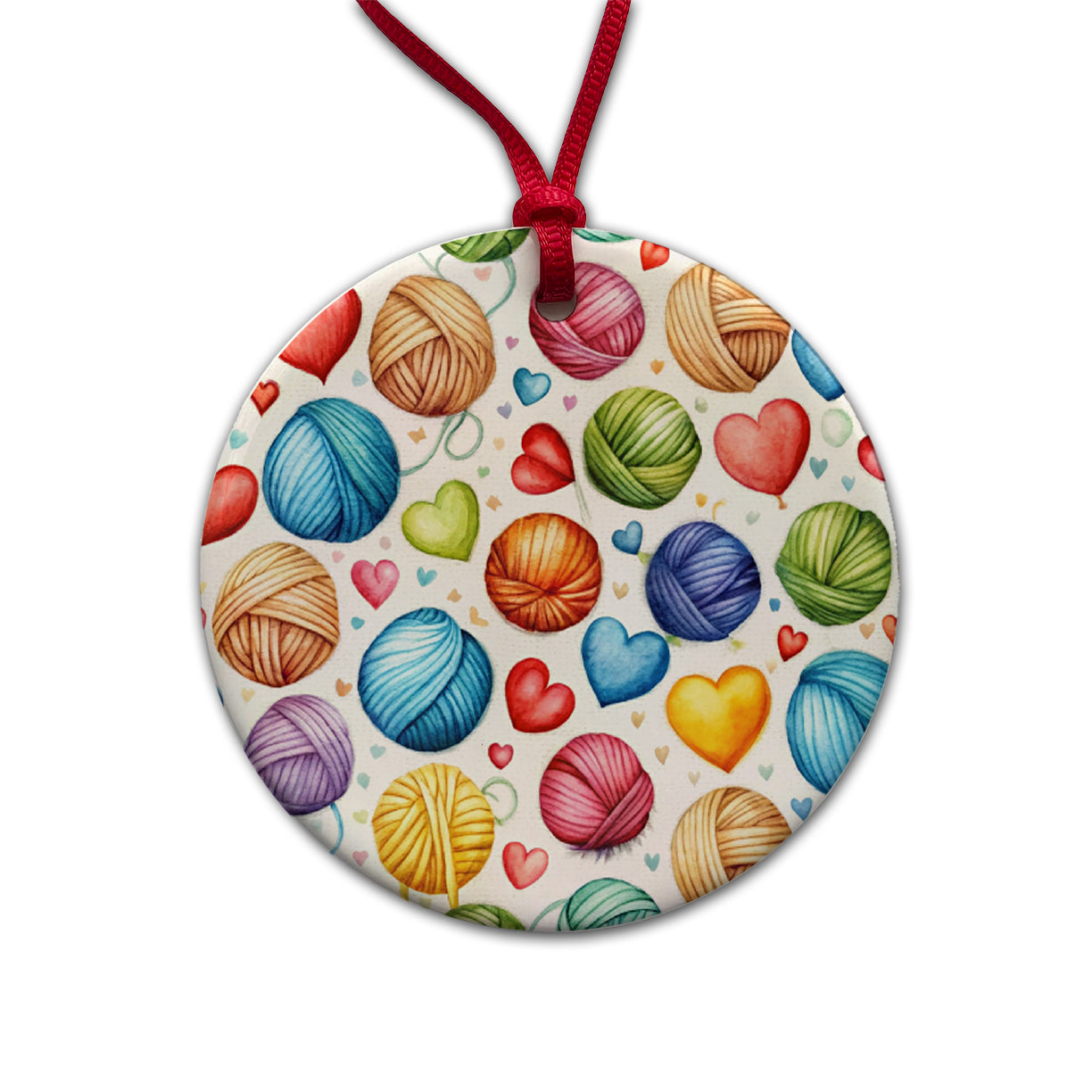 Yarn Knitting Crochet Balls Hearts Watercolor Round Ceramic Holiday Christmas Tree Ornament