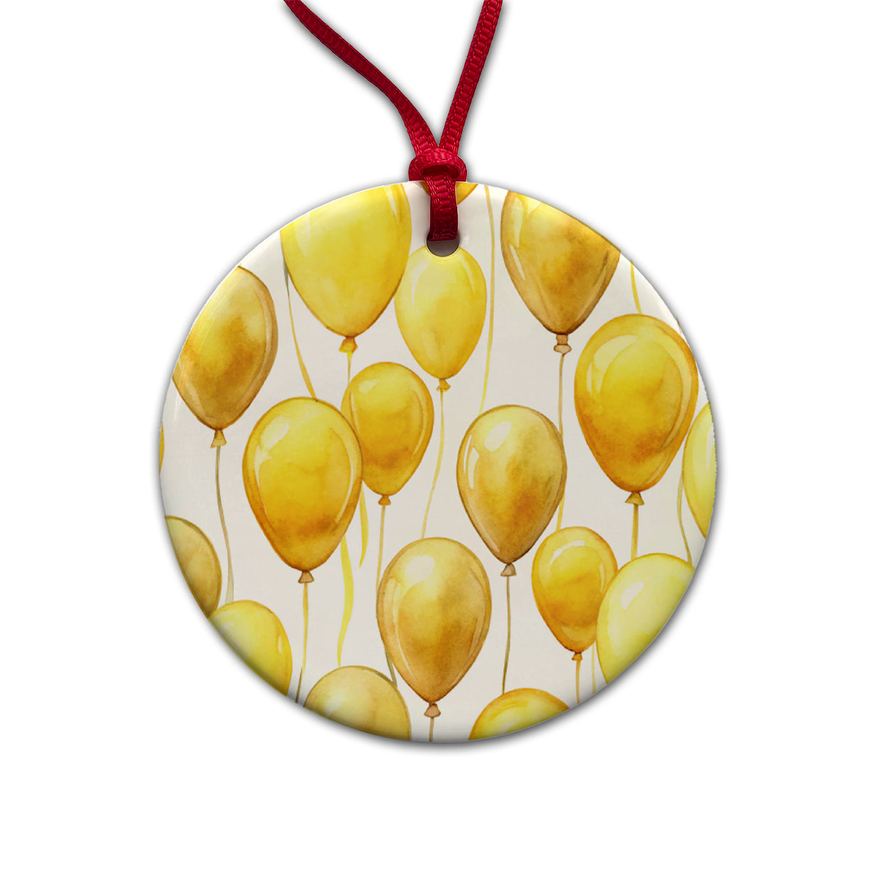 Yellow Balloons Watercolor Round Ceramic Holiday Christmas Tree Ornament