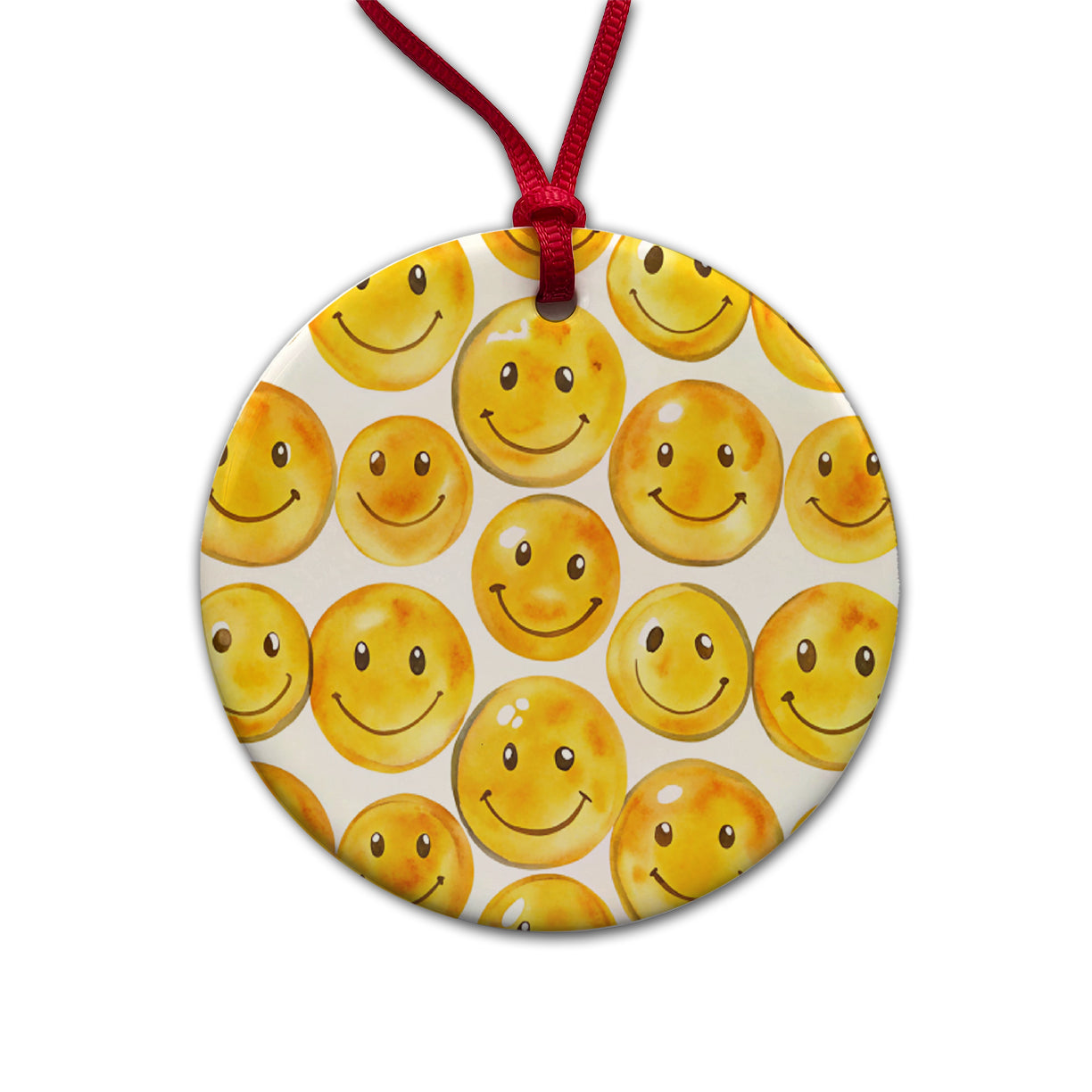 Yellow Smile Faces Watercolor Round Ceramic Holiday Christmas Tree Ornament
