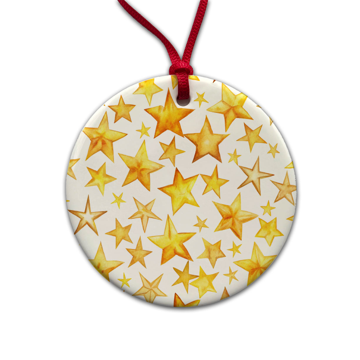 Yellow Stars Watercolor Round Ceramic Holiday Christmas Tree Ornament