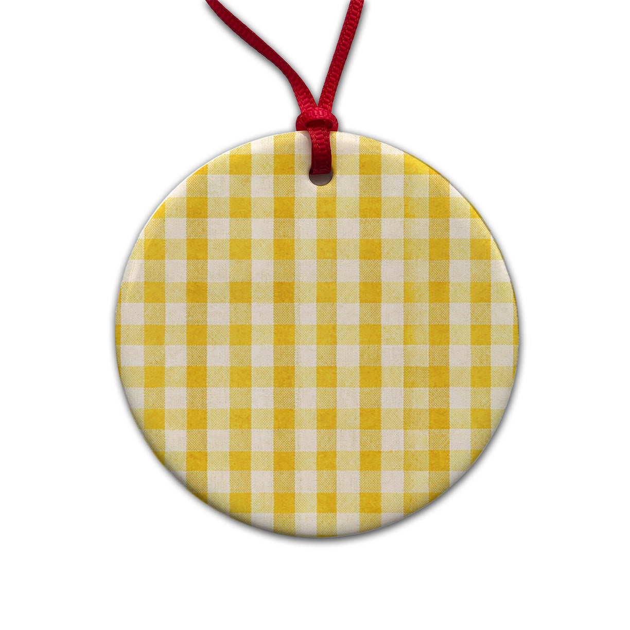 Yellow White Gingham Watercolor Round Ceramic Holiday Christmas Tree Ornament