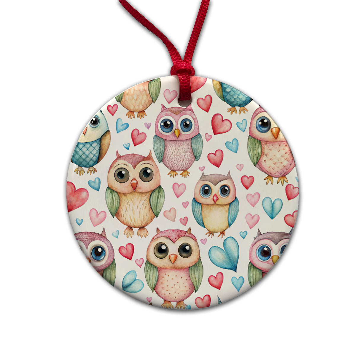 Adorable Owls And Hearts Round Ceramic Holiday Christmas Tree Ornament