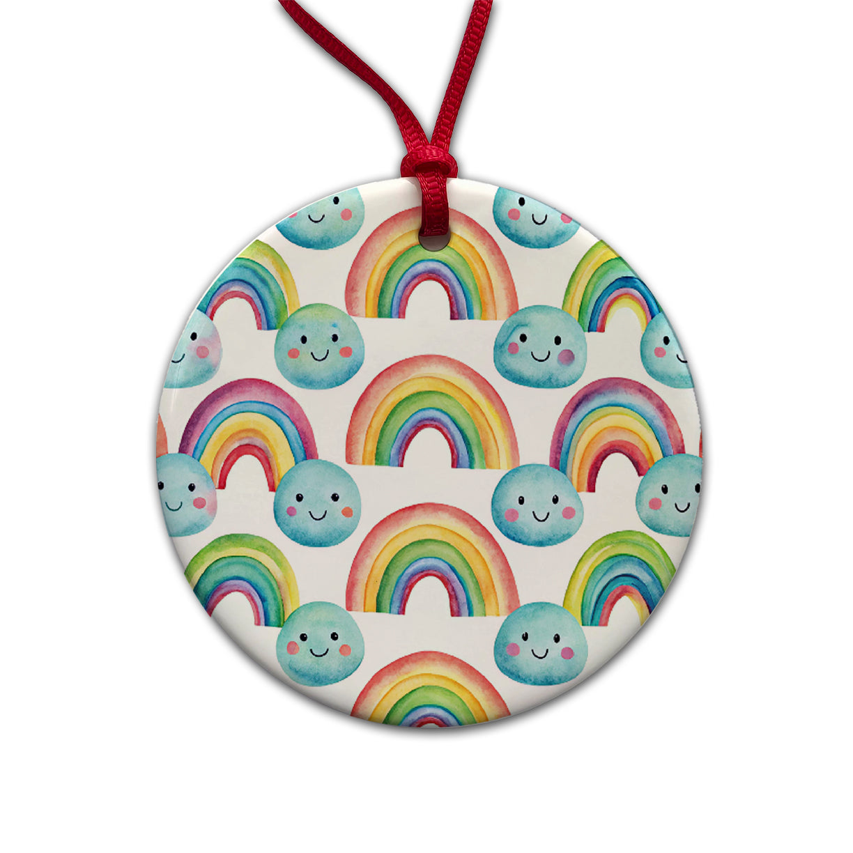 Adorable Smiling Rainbows Clouds Round Ceramic Holiday Christmas Tree Ornament