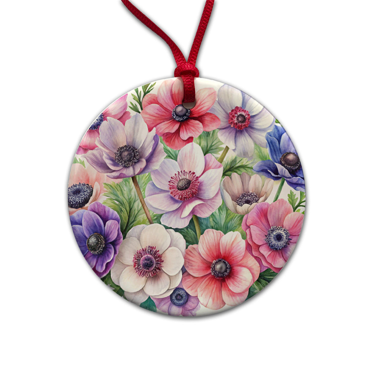 Anemone Flowers Watercolor Round Ceramic Holiday Christmas Tree Ornament