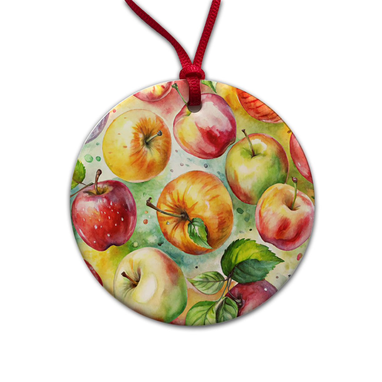 Apples Fruit Watercolor Round Ceramic Holiday Christmas Tree Ornament