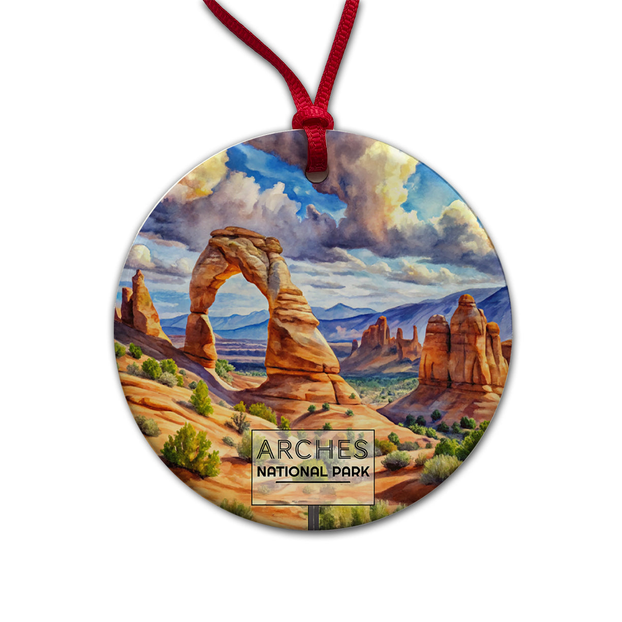 Arches National Park Utah Watercolor Round Ceramic Holiday Christmas Tree Ornament