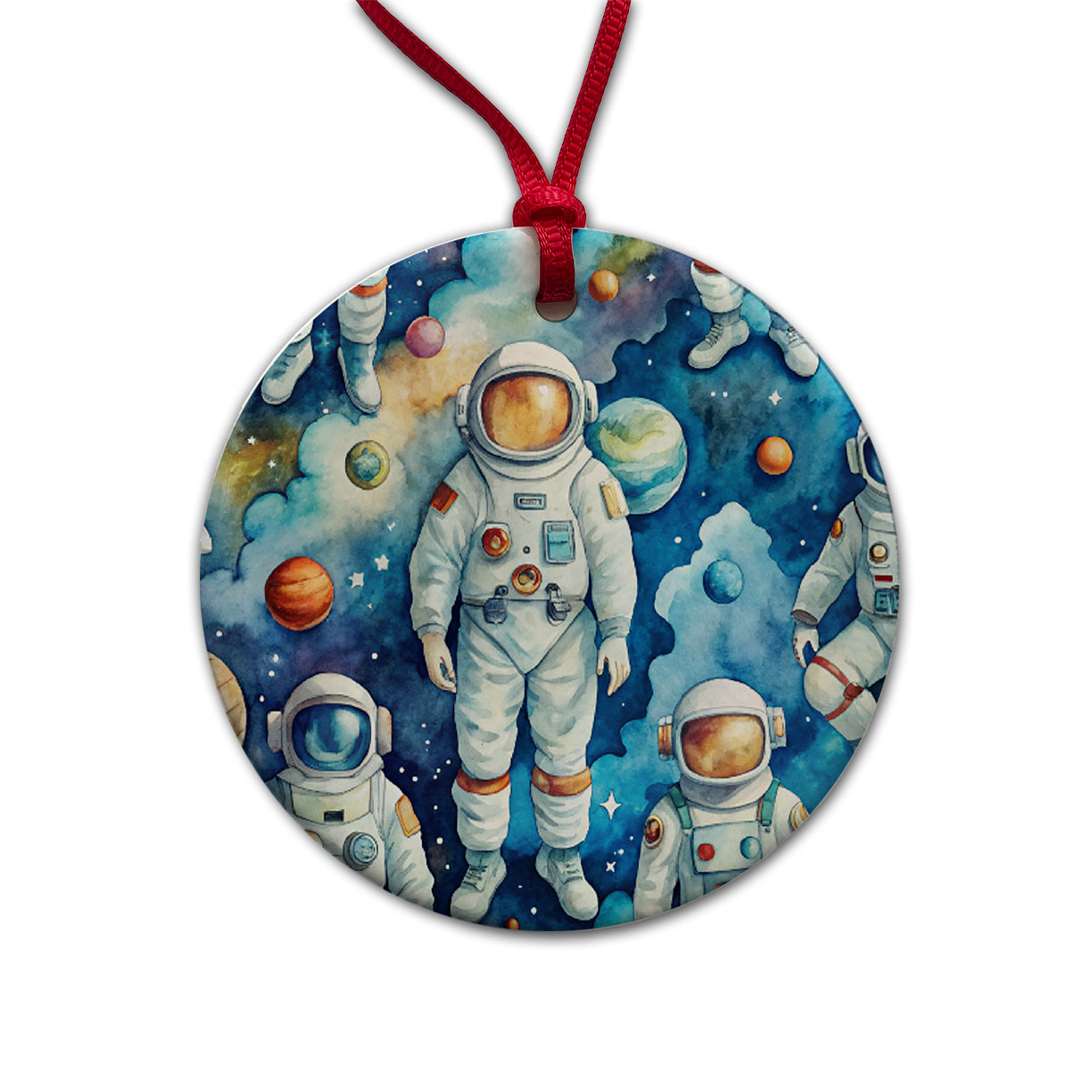 Astronauts In Space Watercolor Round Ceramic Holiday Christmas Tree Ornament