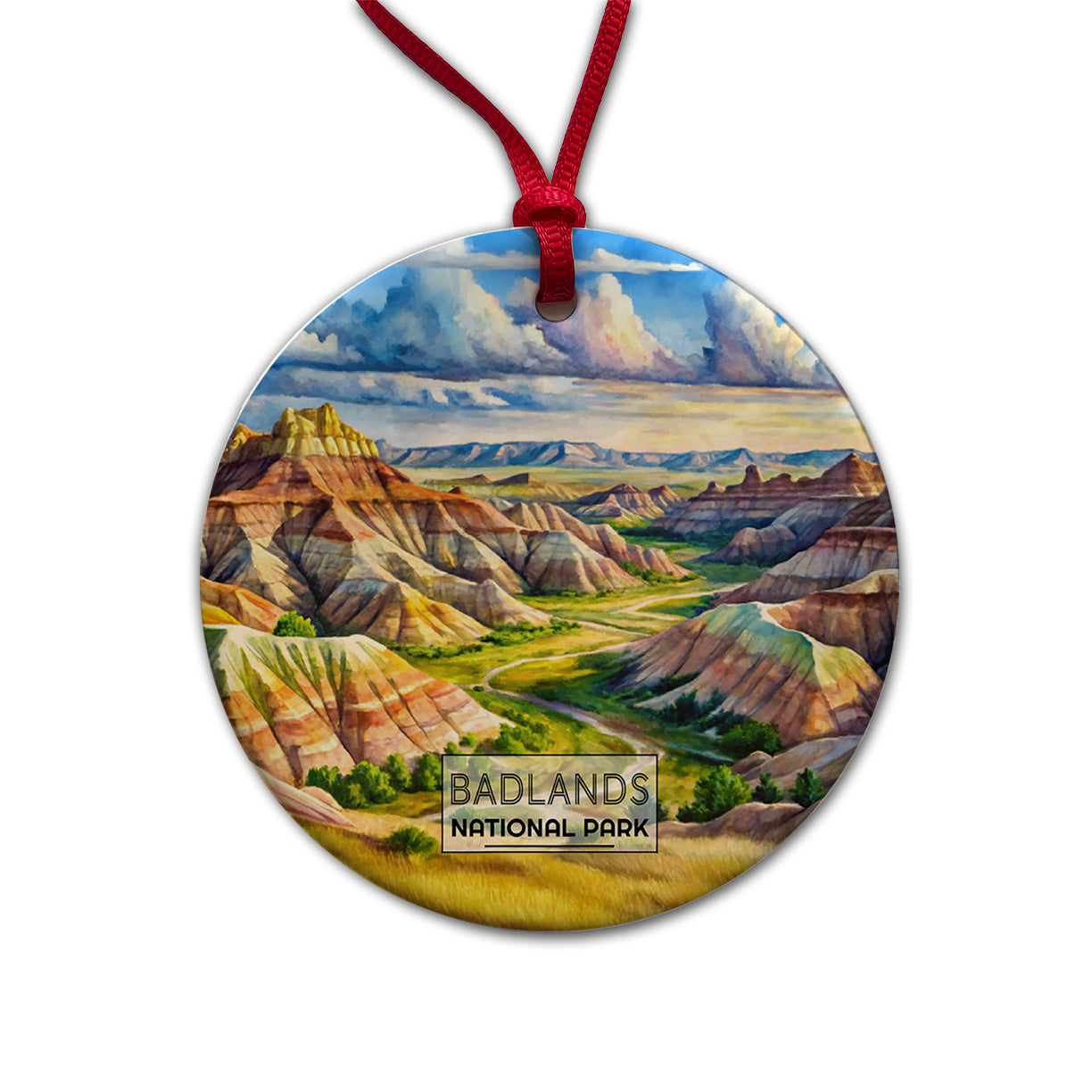 Badlands National Park South Dakota Watercolor Round Ceramic Holiday Christmas Tree Ornament