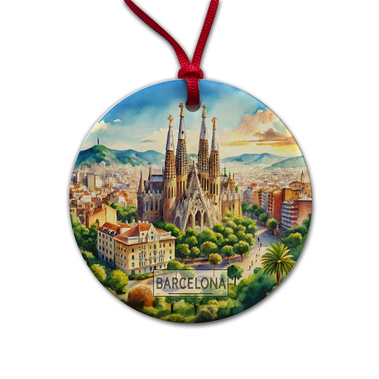 Barcelona Spain Travel City Watercolor Round Ceramic Holiday Christmas Tree Ornament