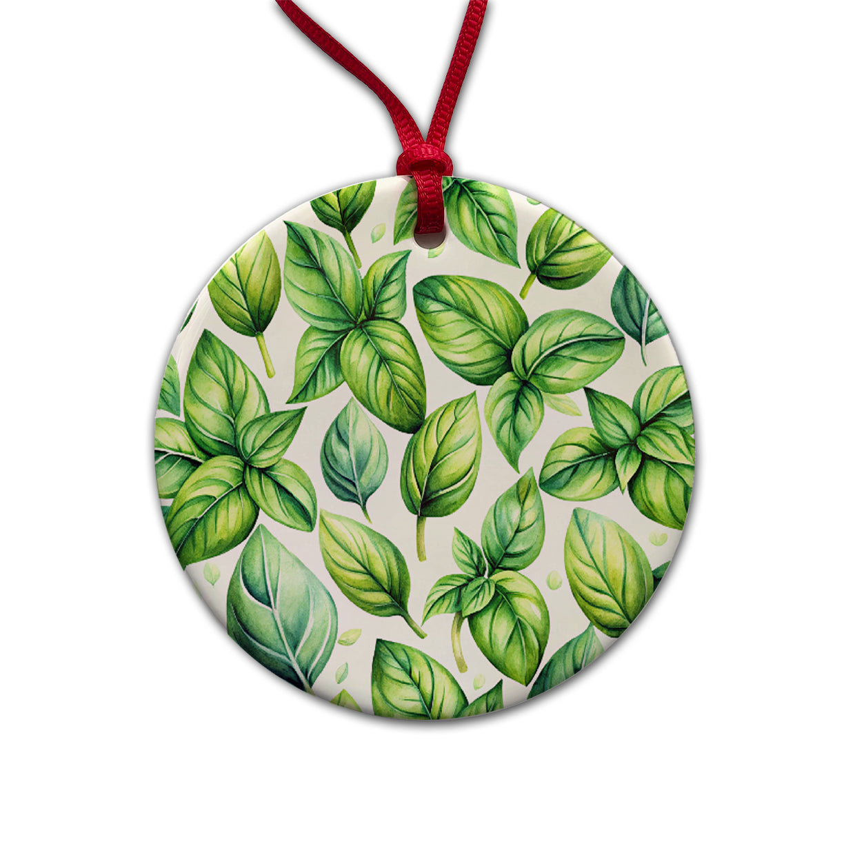 Basil Herbs Watercolor Round Ceramic Holiday Christmas Tree Ornament
