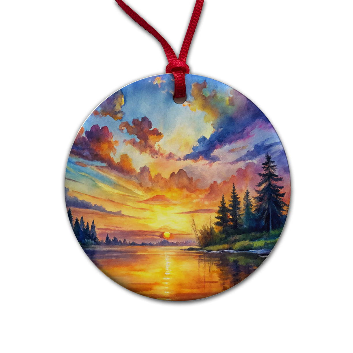 Beautiful Sunrise Watercolor Round Ceramic Holiday Christmas Tree Ornament