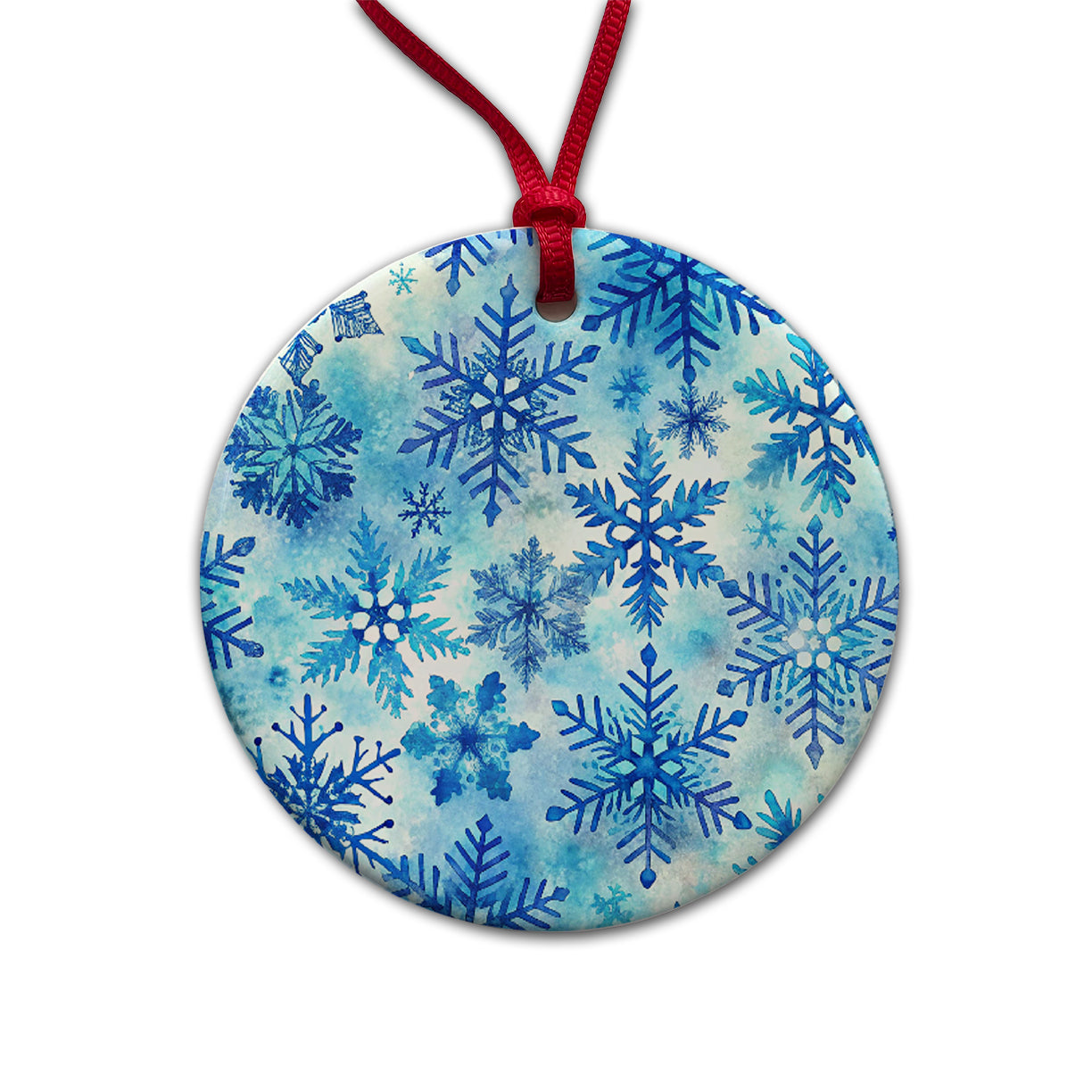 Blue Snowflakes Watercolor Round Ceramic Holiday Christmas Tree Ornament