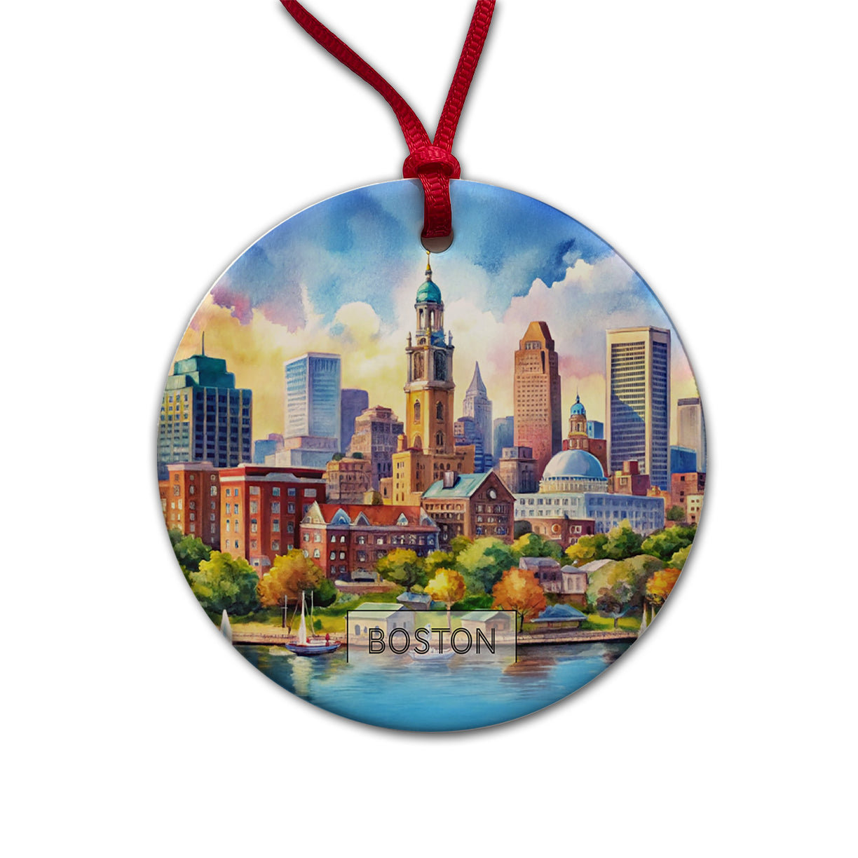 Boston Massachusetts Travel City Watercolor Round Ceramic Holiday Christmas Tree Ornament