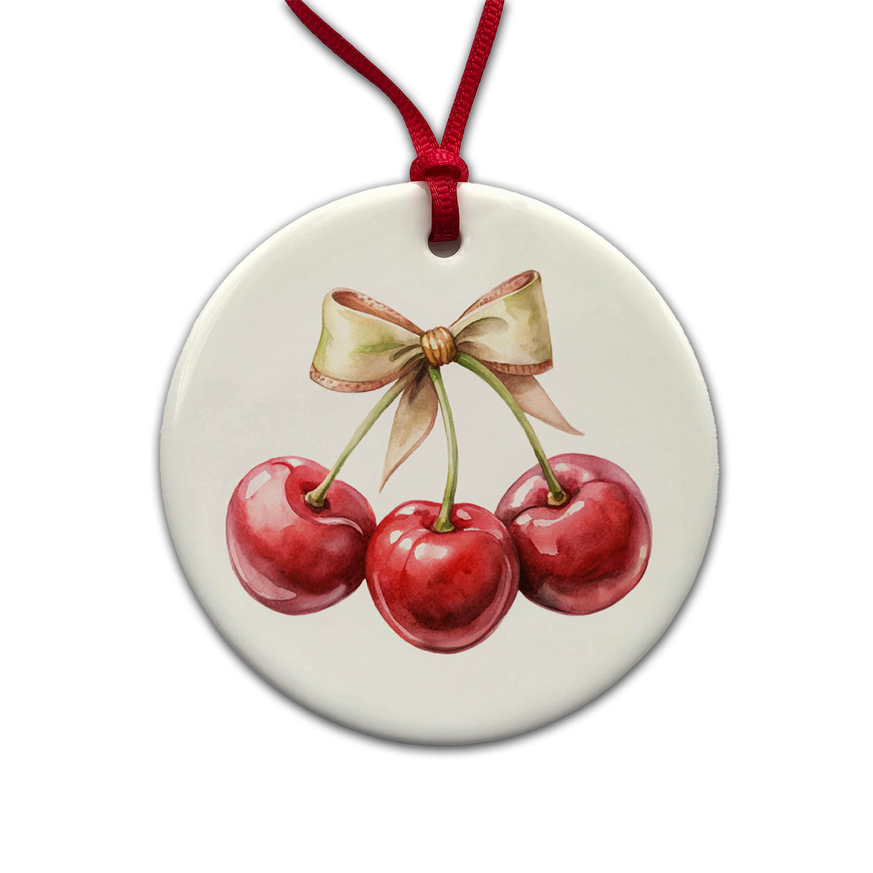 Bow Tied Around Cherries Coquette Round Ceramic Holiday Christmas Tree Ornament