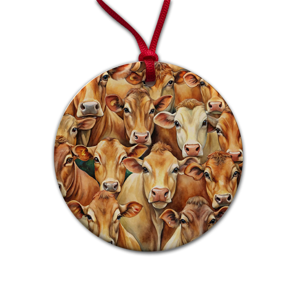 Bunch Of Brown Cow Faces Round Ceramic Holiday Christmas Tree Ornament