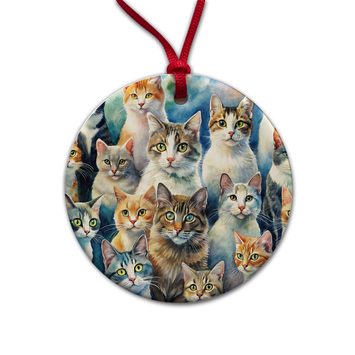 Bunch Of Cats Watercolor Round Ceramic Holiday Christmas Tree Ornament