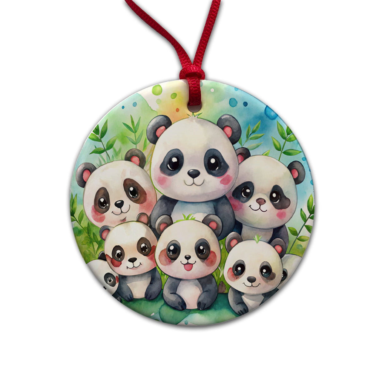 Bunch Of Cute Pandas Watercolor Round Ceramic Holiday Christmas Tree Ornament