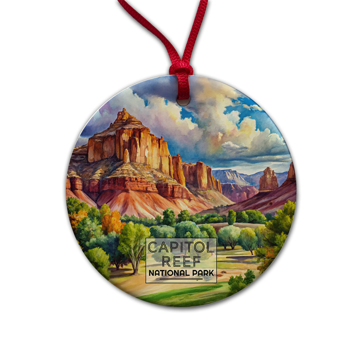Capitol Reef National Park Utah Watercolor Round Ceramic Holiday Christmas Tree Ornament