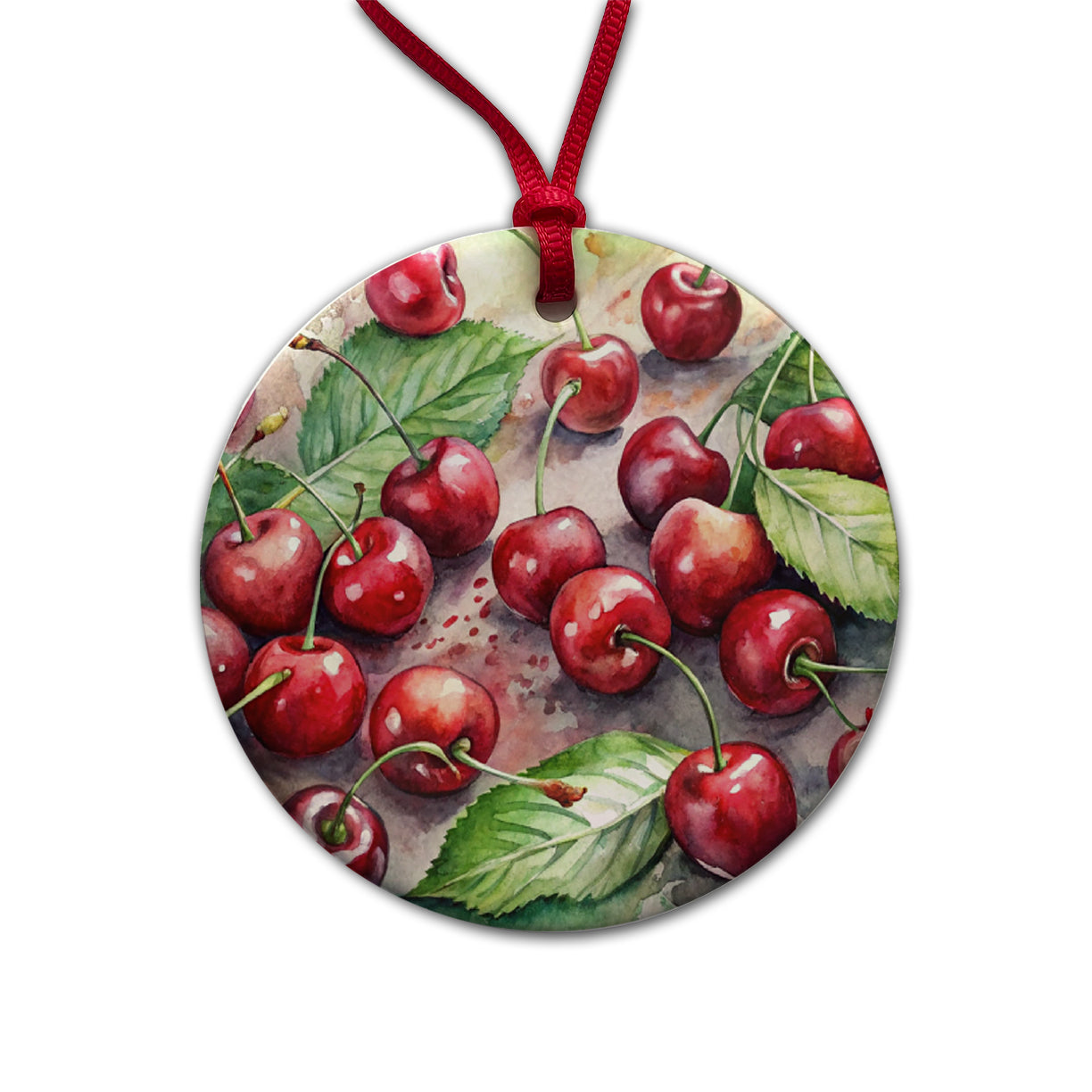Cherries Fruit Watercolor Round Ceramic Holiday Christmas Tree Ornament