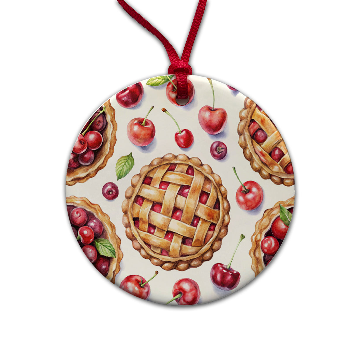 Cherry Pies Bursting Round Ceramic Holiday Christmas Tree Ornament